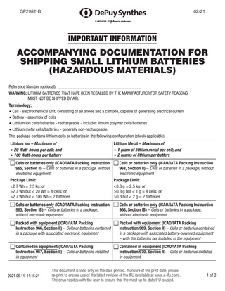 Accompanying Documentation For Shipping Small Lithium Batteries ( Hazardous Materials)