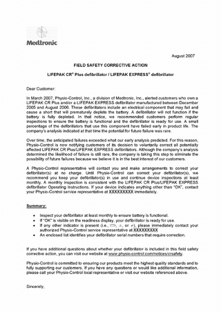 LIFEPAK CR Plus and EXPRESS  Field Safety Corrective Notice Aug 2007