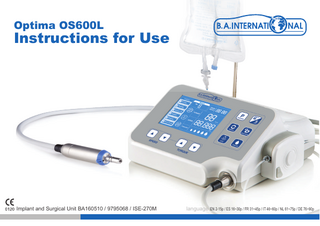 Optima OS600L  Instructions for Use  Implant and Surgical Unit BA160510 / 9795068 / ISE-270M  language EN 2-15p / ES 16~30p / FR 31~45p / IT 46~60p / NL 61~75p / DE 76~90p  