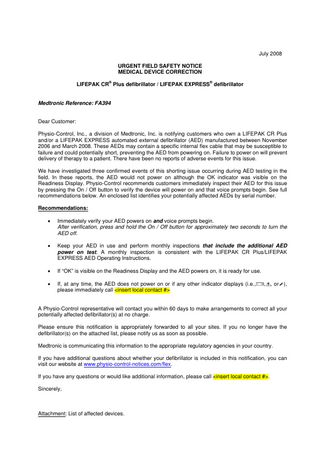 LIFEPAK CR Plus and EXPRESS  Field Safety Notice July 2008