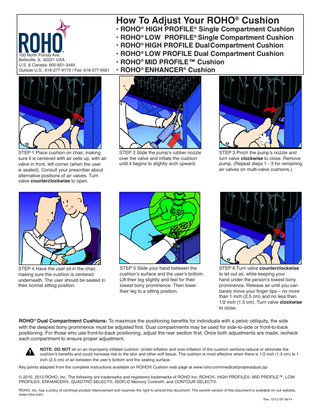 How To Adjust Your ROHO® Cushion  100 North Florida Ave. Belleville, IL 62221 USA U.S. & Canada: 800-851-3449 Outside U.S.: 618-277-9173 / Fax: 618-277-9561  • ROHO® HIGH PROFILE® Single Compartment Cushion 		 • ROHO® LOW PROFILE® Single Compartment Cushion • ROHO® HIGH PROFILE Dual Compartment Cushion • ROHO® LOW PROFILE Dual Compartment Cushion • ROHO® MID PROFILE™ Cushion		 • ROHO® ENHANCER® Cushion  STEP 1 Place cushion on chair, making sure it is centered with air cells up, with air valve in front, left corner (when the user is seated). Consult your prescriber about alternative positions of air valves. Turn valve counterclockwise to open.  STEP 2 Slide the pump’s rubber nozzle over the valve and inflate the cushion until it begins to slightly arch upward.  STEP 3 Pinch the pump’s nozzle and turn valve clockwise to close. Remove pump. (Repeat steps 1 - 3 for remaining air valves on multi-valve cushions.)  STEP 4 Have the user sit in the chair, making sure the cushion is centered underneath. The user should be seated in their normal sitting position.  STEP 5 Slide your hand between the cushion’s surface and the user’s bottom. Lift their leg slightly and feel for their lowest bony prominence. Then lower their leg to a sitting position.  STEP 6 Turn valve counterclockwise to let out air, while keeping your hand under the person’s lowest bony prominence. Release air until you can barely move your finger tips – no more than 1 inch (2.5 cm) and no less than 1/2 inch (1.5 cm). Turn valve clockwise to close.  ROHO® Dual Compartment Cushions: To maximize the positioning benefits for individuals with a pelvic obliquity, the side with the deepest bony prominence must be adjusted first. Dual compartments may be used for side-to-side or front-to-back positioning. For those who use front-to-back positioning, adjust the rear section first. Once both adjustments are made, recheck each compartment to ensure proper adjustment. NOTE: DO NOT sit on an improperly inflated cushion. Under-inflation and over-inflation of the cushion sections reduce or eliminate the cushion’s benefits and could increase risk to the skin and other soft tissue. The cushion is most effective when there is 1/2 inch (1.5 cm) to 1 inch (2.5 cm) of air between the user’s bottom and the seating surface. Key points adapted from the complete instructions available on ROHO® Cushion web page at www.roho.com/medical/properadjust.jsp © 2010, 2013 ROHO, Inc. The following are trademarks and registered trademarks of ROHO Inc: ROHO®, HIGH PROFILE®, MID PROFILE™, LOW PROFILE®, ENHANCER®, QUADTRO SELECT®, ISOFLO Memory Control®, and CONTOUR SELECT®. ROHO, Inc. has a policy of continual product improvement and reserves the right to amend this document. The current version of this document is available on our website, www.roho.com.												 													Rev. 12/13 SP 06/14  