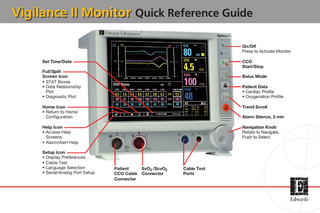 Vigilance II Monitor Quick Reference Guide On/Off Press to Activate Monitor Set Time/Date  CCO Start/Stop  Full/Split Screen Icon • STAT Boxes • Data Relationship Plot • Diagnostic Plot  Bolus Mode Patient Data • Cardiac Profile • Oxygenation Profile  Home Icon • Return to Home Configuration  Trend Scroll  Help Icon • Access Help Screens • Alarm/Alert Help  Navigation Knob Rotate to Navigate, Push to Select  Setup Icon • Display Preferences • Cable Test • Language Selection • Serial/Analog Port Setup  Alarm Silence, 2 min  Patient SvO2 /ScvO2 CCO Cable Connector Connector  Cable Test Ports  