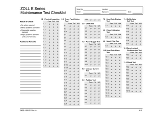 ZOLL E Series Maintenance Test Checklist 1.0 Physical Inspection Pass Fail  Result of Check: o No action required  1.1  o Minor problems corrected  1.2  o Disposable supplies replaced  1.3  o Major problems identified (unit out of service)  1.4 1.5 1.6  Additional Remarks  1.7 1.8 1.9 1.10 1.11 1.12 1.13 1.14 1.15  o o o o o o o o o o o o o o o  o o o o o o o o o o o o o o o  N/A  o o o o o o o o o o o o o o o  Location  Tester  Signature  2.0 Front Panel Button Test Pass Fail 2.1 2.2 2.3s 2.4 2.5 2.6 2.7 2.8 2.9 2.10 2.11 2.12 2.13 2.13a 2.13b 2.14 2.15 2.16 2.17 2.18 2.19 2.20 2.21 2.22 2.23 2.24 2.25  9650-1450-01 Rev. A  Serial No.  o o o o o o o o o o o o o o o o o o o o o o o o o o o  o o o o o o o o o o o o o o o o o o o o o o o o o o o  N/A  o o o o o o o o o o o o o o o o o o o o o o o o o o o  2.26  o  o  o  Pass Fail  N/A  7.0 Heart Rate Display Test Pass Fail  3.0 Leads Test 3.1 3.2 3.3 3.4  o o o o  o o o o  o o o o  4.0 Power Supply Test Pass Fail 4.1 4.3 4.4 4.5 4.6 4.8 4.10  o o o o o o o  o o o o o o o  Pass Fail  o  o  7.1  o o o o o o o  N/A  o  Pass Fail 6.1 6.2 6.3 6.4 6.5 6.6 6.7  o o o o o o o  o o o o o o o  N/A  o o o o o o o  N/A  o  o  8.0 Pulse Calibration Test Pass Fail 8.2  o  Pass Fail 11.1  Pass Fail 9.3  o  o  11.4  o  11.5 11.6  N/A  o  10.0 Heart Rate Alarm Test Pass Fail 10.1 10.2 10.3 10.4 10.5 10.6 10.7  10.9 10.10 10.11 10.12 10.13 10.14  o o o o o o o o o o o o o o  o o o o o o o o o o o o o o  11.3  N/A  o  9.0 Notch Filter Test  10.8  6.0 Paddles Test  o  11.0 Defibrillator Self Test  11.2  N/A  5.0 Leakage Current Test 5.1  Date  N/A  o o o o o o o o o o o o o o  11.7  o o o o o o o  o o o o o o o  N/A  o o o o o o o  12.0 Synchronized Cardioversion Test Pass Fail 12.2 12.4  o o  N/A  o o  o o  Pass Fail  N/A  13.0 Shock Test 13.2 13.3 13.4 13.5 13.6 13.7 13.8 13.9 13.10  o o o o o o o o o  o o o o o o o o o  o o o o o o o o o  A-3  