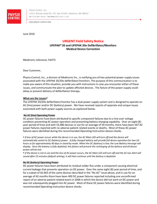 LIFEPAK 20 and 20e Urgent Field Safety Notice June 2010