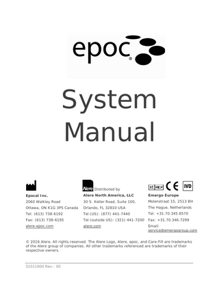 Table of Contents Section 1  2 3  4  Title  Page  Introduction  1.1 epoc System Manual ... 1-1 1.2 Cautions ... 1-1 1.3 Warranty ... 1-1 1.4 Warranty Limitations ... 1-2 1.5 WEEE Compliance ... 1-3  epoc Blood Analysis System  2.1 System Overview... 2-1 2.2 Operation Overview ... 2-2  epoc System Operation  3.1 System Operation Overview ... 3-1 3.2 Turning ”ON” the epoc Reader ... 3-1 3.3 Turning ”ON” the epoc Host ... 3-2 3.4 Logging in to epoc Host Software Application ... 3-2 3.5 Running a Test on a Dedicated Reader ... 3-2 3.6 Alternate Means to Run a Test ... 3-2 3.7 Reader Electronic Internal QC Test ... 3-3 3.8 Reader Screen ... 3-3 3.9 Obtaining the Test Card ... 3-4 3.10 Inserting the Test Card ... 3-5 3.11 Calibration Sequence ... 3-5 3.12 Entering Patient Information (or Lot Number) and Test Selection ... 3-6 3.13 Using Barcode Scanner to Enter Patient ID ... 3-7 3.14 Collecting a Blood Sample ... 3-7 3.15 Timing of Sample Introduction ... 3-7 3.16 Sample Introduction ... 3-8 3.17 Test Completion... 3-9 3.18 Running Another Test ... 3-9 3.19 Closing the Test and Disconnecting the Reader ... 3-10 3.20 EDM Synchronization ... 3-10 3.21 Logging Out and Turning the Power ”OFF” ... 3-10 3.22 Multiple Reader Testing ... 3-11  epoc Test Cards  4.1 General Test Card Information ... 4-1 4.2 Test Card Physical Characteristics ... 4-1 4.3 Test Card Packaging, Storage, and Shelf Life... 4-2  51011600 Rev.: 00  Table of Contents  Page 1 of 5  