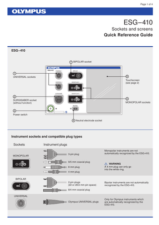 ESG-410 Electrosurgical Generator Sockets and screens Quick Reference Guide Sept 2020