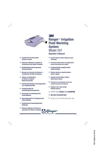 3MTM RangerTM Irrigation Fluid Warming System  English  Table of Contents Technical Service and Order Placement ������������������������������������������������������������������������3 In-warranty Repair and Exchange�������������������������������������������������������������������������������3 When You Call for Technical Support ������������������������������������������������������������������������3 Introduction ������������������������������������������������������������������������������������������������������������������4 Indications for Use���������������������������������������������������������������������������������������������������������4 Definition of Symbols����������������������������������������������������������������������������������������������������4 Explanation of Signal Word Consequences �������������������������������������������������������������������5 Warning:������������������������������������������������������������������������������������������������������������������������6 Caution: �������������������������������������������������������������������������������������������������������������������������6 Notice: ���������������������������������������������������������������������������������������������������������������������������6 Product Description ������������������������������������������������������������������������������������������������������7 Ranger Irrigation Fluid Warming Unit �����������������������������������������������������������������������7 Ranger Irrigation Fluid Warming Disposable Set��������������������������������������������������������7 Model 247 Product Safety Features�������������������������������������������������������������������������������8 Instructions For Use ������������������������������������������������������������������������������������������������������9 Preparation and Setup of the Ranger Irrigation Fluid Warming Unit �������������������������9 Removing the Irrigation Fluid Warming Set from the Ranger Irrigation Fluid Warming Unit�������������������������������������������������������������������������������������������������������������9 Troubleshooting ����������������������������������������������������������������������������������������������������������10 Maintenance and Storage ��������������������������������������������������������������������������������������������12 Specifications ���������������������������������������������������������������������������������������������������������������14  1  PDF Scaled at 100.0%  34-8714-4411-2 English  