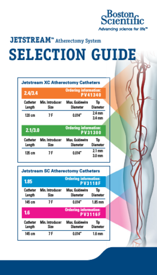 JETSTREAM™ Atherectomy System  SELECTION GUIDE Jetstream XC Atherectomy Catheters Ordering information:  2.4/3.4  PV41340  Catheter Min. Introducer Max. Guidewire Tip Length Size Diameter Diameter 		 		 2.4 mm  120 cm  7F  0.014”  3.4 mm  Ordering information:  2.1/3.0  PV31300  Catheter Min. Introducer Max. Guidewire Tip Length Size Diameter Diameter 		 		 2.1 mm  135 cm  7F  0.014”  3.0 mm  Jetstream SC Atherectomy Catheters Ordering information:  1.85  PV3118F  Catheter Length  Min. Introducer Size  145 cm  7F  Max. Guidewire Tip Diameter Diameter  0.014”  1.85 mm  Ordering information:  1.6  PV3116F  Catheter Length  Min. Introducer Size  145 cm  7F  Max. Guidewire Tip Diameter Diameter  0.014”  1.6 mm  