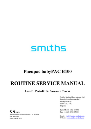 babyPAC B100 Ventilator Routine Service Manual Level 1 Issue 1p March 2006