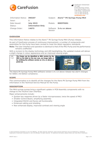 Alaris PK Syringe Pump MK4 sw ver 3.4x and above has alarm changes Issue 1 July 2015