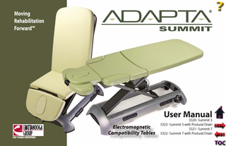TABLE OF CONTENTS  Adapta® Summit 3 and 7 Physical Therapy Platforms  FOREWORD... 1  Cushion/Gas Spring Assembly- Summit 7... 22-28  Product Description... 1  OPERATION...2931  ABOUT ADAPTA SUMMIT PLATFORMS...24  Adjusting Table Sections... 29-30  Precautionary Instructions... 2  Adjusting Table Height... 30  Cautions... 3  Relocating the Table... 31  Warnings... 3-4 Dangers... 4  REPLACEMENT PARTS...3233 MAINTENANCE...3435  NOMENCLATURE... 57  Cleaning... 34  Summit 3... 5  Lubrication Points... 34  Summit 7... 6  Service... 35  Description of Device Markings... 7  Warranty Repair/Out of Warranty Repair... 35  SPECIFICATIONS... 812  WARRANTY...36  Table Speciﬁcations... 8 Dimensions- Summit 3... 9 Dimensions- Summit 7... 10 Cushion Dimensions- Summit 3... 11 Cushion Dimensions- Summit 7... 12  SETUP...13 Contents of Carton... 13  ASSEMBLY...1428 Included Hardware- Summit 3... 14 Cushion/Gas Spring Assembly- Summit 3... 15-20 Included Hardware- Summit 7... 21  i  