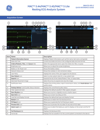 MACTM 5 A4/MACTM 5 A5/MACTM 5 Lite Resting ECG Analysis System  5864335-005-2 QUICK REFERENCE GUIDE  Acquisition Screen  1  Item Name  Description  1  Patient Information banner  Displays Patient Information such as ﬁrst name, last name, and gender.  2  Date and Time  Current local date and time in the conﬁgured date and time format.  3  Orders/Patients, Files, and Queue tabs  Select the appropriate tab to open the Orders list, files, or queue.  4  Brightness icon  Allows you to adjust the screen brightness.  5  Battery or AC Power icon  Shows the battery status.  6  Network Status icon  Shows the wireless or LAN connection status.  7  User Menu  Displays the name of the user logged into the device.  8  New Patient icon  Select to enter patient data for a new patient test.  9  Expand icon  Expands the list of the Orders/Patient, Files, or Queue tabs.  10  Electrode Placement Image  Select the arrow to expand and view the image.  11  Notiﬁcation Area  Displays the printing status, report transmission status, and Hook Advisor lead quality status.  12  Hookup Advisor Lead Quality Status Indicator  Displays the overall lead quality status.  13  Filter, Speed and Gain  Displays the default waveform ﬁlter, speed, and gain.  14  Start Rhythm icon  Allows you to print or digitally record a rhythm report.  15  Start ECG icon  Allows you to start recording an ECG.  16  Lead Set and Display Format  Displays the default test type and display format.  17  Restart icon  Allows you to restart the Full Disclosure ECG.  18  FD Report icon  Allows you to generate the Full Disclosure report.  19  Preview ECG icon  Allows you to preview the recorded 10 seconds of ECG data.  20  Select Lead icon  Allows you to select the leads you want to display on the screen and the FD report.  21  Full Disclosure tab  Displays full disclosure ECG.  22  Home tab  Displays the live waveform for the current patient connected to the device.  1  