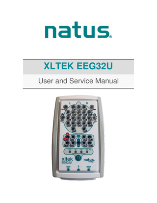 XLTEK EEG32U Amplifier  User and Service Manual  Table of Contents Introduction ... 4 Product Intended Use ...4 Essential Performance ...4 Using the Manual ...4 Manual Conventions ...5  Specifications: EEG32U Amplifier ... 6 EEG32U Safety and Standards Conformity ... 8 Standards of Compliance and Normative References ...8 Declaration of Compliance for IEC 60601-1-2 ... 10 Declaration of Compliance for FCC ... 14  Warnings and Cautions ... 15 General Warnings ... 15 Electrical Warnings and Cautions ... 16 Patient Environment Warnings and Cautions... 17 Transportation Warnings... 18 Conducted Immunity Warnings ... 18  Procedures and Warnings ... 19 Electrostatic Discharge (ESD) Handling ... 19 Conducted Immunity Procedures and Warnings ... 19  Description of Symbols ... 21 Product Images... 23 EEG32U Headbox ... 23  Unpacking ... 24 Setting Up ... 25 Placement of the Operator and Patient ...25 Beginning a study ...25 Powering Down the System ...25  Connecting to a Computer ... 26 Testing the EEG32U Amplifier ... 26 Calibration and Verification ...27  2  