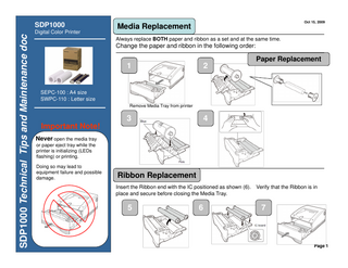 SDP1000 Technical Tips and Maintenance doc  SDP1000 Digital Color Printer  Oct 15, 2009  Media Replacement Always replace BOTH paper and ribbon as a set and at the same time.  Change the paper and ribbon in the following order:  1  2  Paper Replacement  SEPC-100 : A4 size SWPC-110 : Letter size Remove Media Tray from printer  3  4  Important Note! Never open the media tray or paper eject tray while the printer is initializing (LEDs flashing) or printing. Doing so may lead to equipment failure and possible damage.  Ribbon Replacement Insert the Ribbon end with the IC positioned as shown (6). Verify that the Ribbon is in place and secure before closing the Media Tray.  5  6  7  Page 1  