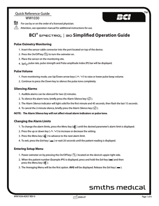 SPECTRO2 30 WW1030 Quick Reference Guide Rev 0 July 2009