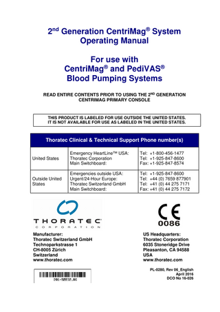 CentriMag and PediVAS Blood Pump 2nd Generation System Operating Manual Rev 06 April 2016