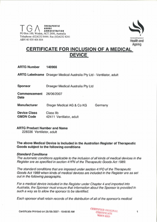 Carina TGA Certificate for Inclusion of a Medical Device June 2007