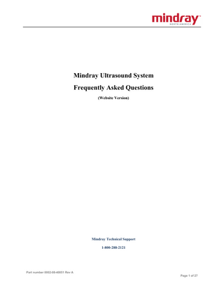 Mindray Ultrasound Systems Frequently Asked Questions Rev A