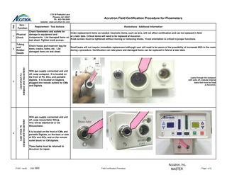 1  Physical Check  Check flowmeters and outlets for Order replacement items as needed. Cosmetic items, such as lens, will not affect certification and can be replaced in field damage to equipment and at a later date. Critical items will need to be replaced at Accutron components. List damaged items on Knob screws must be tightened without moving or removing knobs. Knob orientation is critical to proper functions test sheet. Tighten knob screws.  2  Tubing and Rubber Goods  Check hoses and reservoir bag for tears, cracks, holes, etc. List damaged items on test sheet.  3  4  Leak Check 1b outspout and resuscitator  Item / Function  Leak Check 1a outspout and resuscitator  Accutron Field Certification Procedure for Flowmeters  Step  1733 W Parkside Lane Phoenix, AZ 85027 Ph: 623-780-2020 website: www.accutron-inc.com  P1021 rev02  Requirement / Test Actions  Illustrations / Additonal Information  Small leaks will not require immediate replacement although user will need to be aware of the possibility of increased N2O in the room during a procedure. Certification can take place and damaged items can be replaced in field at a later date.  With gas supply connected and unit off, soap outspout. It is located on the front of PC, DCs, and portable digitals. It is located on bagtees plugged into remote outlets for CMs and Digitals.  Leaks through the outspout with units off, indicate internal leaks that must be fixed at Accutron.  With gas supply connected and unit off, soap resuscitator fitting. This will be labeled O2 or O2 Resuscitator. It is located on the front of CMs and portable Digitals, on the back or side of PCs and DCs, and on the remote outlet block for CM digitals. These leaks must be returned to Accutron for repair.  CN#: 8490  Field Certification Procedure  Accutron, Inc. MASTER  Page 1 of 8  