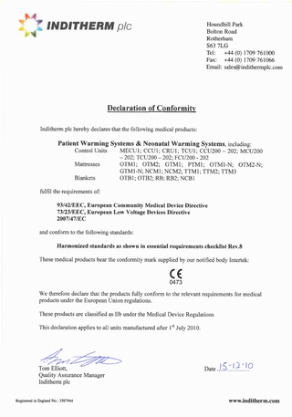 Declaration of Conformity Patient Warming and Neonatal Warming System Dec 2010