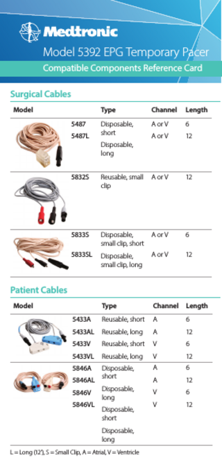 Model 5392 EPG Temporary Pacer Compatible Components Reference Card Surgical Cables Model 5487 5487L  Type  Channel  Length  Disposable, short  A or V  6  A or V  12  Disposable, long 5832S  Reusable, small clip  A or V  12  5833S  Disposable, small clip, short  A or V  6  5833SL  Disposable, small clip, long  A or V  12  Type  Channel  Length  5433A  Reusable, short  A  6  5433AL  Reusable, long  A  12  5433V  Reusable, short  V  6  5433VL  Reusable, long  V  12  5846A  Disposable, short  A  6  A  12  Disposable, long  V  6  V  12  Patient Cables Model  5846AL 5846V 5846VL  Disposable, short Disposable, long  L = Long (12’), S = Small Clip, A = Atrial, V = Ventricle  