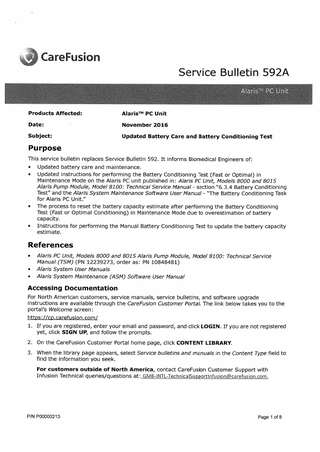 Alaris PC Unit Service Bulletin 592A Battery Care and Conditioning Test Nov 2016