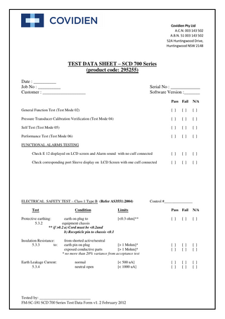 SCD 700 Test Data Form v1.2 February 2012