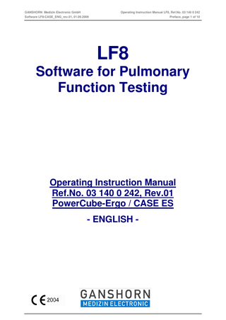 LF8 Software for Pulmonary Function Testing Operating Instruction Manual Rev 01 Sept 2009
