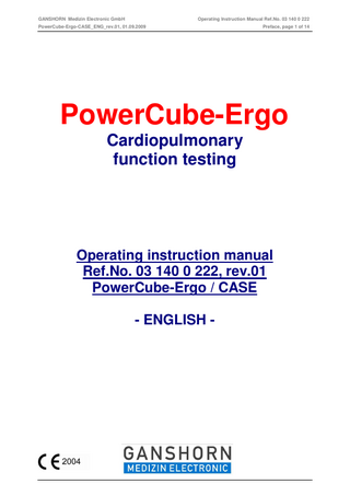 PowerCube-Ergo Cardiopulmonary Function Testing Operating Instruction Manual Rev 01 Sept 2009