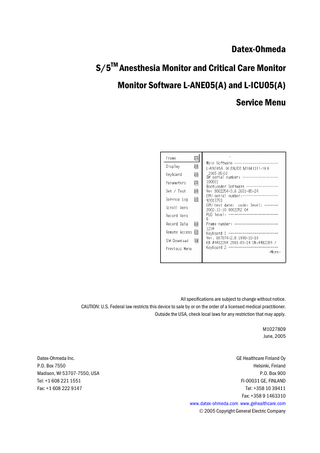 S5 Anesthesia and Critical Care Monitor Service Menu Guide June 2005