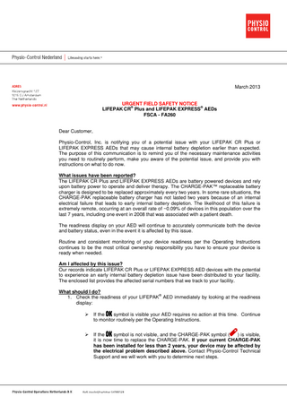 LIFEPAK CR Plus and EXPRESS Urgent Field Safety Corrective Notice March 2013