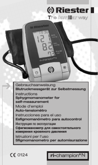 Table of contents  Page  1. 1.1. 1.2.  Introduction Features Important information about self-measurement  21 21  2.  Important information on the subject of blood-pressure and its measurement  22  The various components of the blood-pressure monitor  22  Putting the blood-pressure monitor into operation Inserting the batteries Use of a mains adaptor Tube connection Setup time and date  23 23 24 24  3.  4. 4.1. 4.2. 4.3. 4.4. 5. 5.1. 5.2. 5.3. 5.4. 5.5. 5.6. 5.7.  Carrying out a measurement Before the measurement Common sources of error Fitting the cuff Measuring procedure Memory – displaying the last measurement Discontinuing a measurement Appearance of the Heart Arrhythmia Indicator for early Detection  24 24 25 26 26 26 27  6.  Error messages/malfunctions  27  7.  Care and maintenance, recalibration  28  8.  Technical specifications  31  9.  www.riester.de  31  10.  Warranty  32  3  