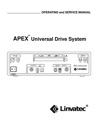 Linvatec  APEX® Universal Drive System  ®  Table of Contents... Page  1.0  INTRODUCTION 1.1  General Warnings ... 1  1.2  Symbol Definitions ... 2  1.3  Receiving Inspection... 3  1.4  Intended Use and Features ... 3  1.5  System Indicators ... 4  1.6  1.5.1  Front Panel... 4  1.5.2  Rear Panel ... 6  Accessories... 7 1.6.1  APEX® Basic Handpiece C9820 ... 7  1.6.2  APEX Two Button Handpiece C9824... 8  1.6.3  APEX Full-Function Handpiece C9828 ... 9  1.6.4  Full Function Handpiece 9950F ... 10  1.6.5  Apex Micro-Joint Handpiece C9840... 11  1.6.6  Apex Multi-Function Footswitch C9860... 12  1.6.7  Apex Basic Footswitch C9965... 13  1.6.8  Apex Two-Pedal Accelerator Footswitch C9862 ... 14  1.6.9  Apex One Pedal Footswitch E9395... 14  i  
