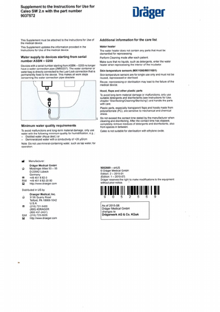 Caleo Humdifier 9037572 Supplement to the Instructions for Use sw 2.n Edition 2 Jan 2015