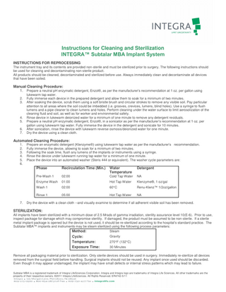 Instructions for Cleaning and Sterilization INTEGRA™ Subtalar MBA Implant System INSTRUCTIONS FOR REPROCESSING The instrument tray and its contents are provided non-sterile and must be sterilized prior to surgery. The following instructions should be used for cleaning and decontaminating non-sterile product. All products should be cleaned, decontaminated and sterilized before use. Always immediately clean and decontaminate all devices that have been soiled.  Manual Cleaning Procedure: 1. Prepare a neutral pH enzymatic detergent, Enzol®, as per the manufacturer’s recommendation at 1 oz. per gallon using 2. 3.  4. 5. 6. 7.  lukewarm tap water. Fully immerse each device in the prepared detergent and allow them to soak for a minimum of two minutes. After soaking the device, scrub them using a soft bristle brush and circular strokes to remove any visible soil. Pay particular attention to all areas where the soil could be imbedded (i.e. grooves, crevices, lumens, blind holes). Use a syringe to flush lumens and a pipe cleaner to clean lumens and holes. Perform cleaning under the water surface to limit aerosolization of the cleaning fluid and soil, as well as for worker and environmental safety. Rinse device in lukewarm deionized water for a minimum of one minute to remove any detergent residuals. Prepare a neutral pH enzymatic detergent, Enzol®, in a sonicator as per the manufacturer’s recommendation at 1 oz. per gallon using lukewarm tap water. Fully immerse the device in the detergent and sonicate for 10 minutes. After sonication, rinse the device with lukewarm reverse osmosis/deionized water for one minute. Dry the device using a clean cloth.  Automated Cleaning Procedure: 1. 2. 3. 4. 5. 6.  7.  Prepare an enzymatic detergent (Klenzyme®) using lukewarm tap water as per the manufacturer’s recommendation. Fully immerse the device, allowing to soak for a minimum of two minutes. Following the soak time, flush any lumens of the implants or instruments using a syringe. Rinse the device under lukewarm running tap water for a minimum of one minute. Place the device into an automated washer (Steris 444 or equivalent). The washer cycle parameters are:  Phase  Recirculation Time (Min.)  Water Temperature  Detergent  Pre-Wash 1  02:00  Cold Tap Water  NA  Enzyme Wash  01:00  Hot Tap Water  Klenzyme®, 1 oz/gal  Wash 1  02:00  60°C  Renu-Klenz™ 1/2oz/gallon  Rinse 1  05:00  Hot Tap Water  NA  Dry the device with a clean cloth --and visually examine to determine if all adherent visible soil has been removed.  STERILIZATION: All implants have been sterilized with a minimum dose of 2.5 Mrads of gamma irradiation, sterility assurance level 10(E-6). Prior to use, inspect package for damage which may compromise sterility. If damaged, the product must be assumed to be non-sterile. If a sterile metal implant package is opened but the device is not used, it should be re-sterilized according to the hospital’s standard practice. The Subtalar MBA™ implants and instruments may be steam sterilized using the following process parameters: Steam Method:  Cycle: Temperature: Exposure Time:  Gravity 270°F (132°C) 30 Minutes  Remove all packaging material prior to sterilization. Only sterile devices should be used in surgery. Immediately re-sterilize all devices removed from the surgical field before handling. Surgical implants should not be reused. Any implant once used should be discarded. Even though it may appear undamaged, the implant may have small defects or internal stress patterns which may lead to failure. Subtalar MBA is a registered trademark of Integra LifeSciences Corporation. Integra and Integra logo are trademarks of Integra Life Sciences. All other trademarks are the property of their respective owners. ©2011 Integra LifeSciences. All Rights Reserved. ER4742-5/11  