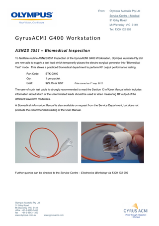 GyrusACMI G400 Workstation AS-NZS 3551 Biomedical Inspection Guide May 2012