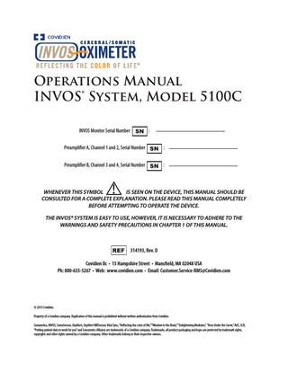 INVOS 5100C System Operations Manual  Table of Contents Description of Symbols... iii  4.5.7 AUC Summary Screen (Normal Mode)...26 4.5.8 Baseline Reset Screen...27 4.5.9 Channel Inactivity Screen...28 4.5.10 RS-232 Digital Output Format Selection Screen			 ...28 4.5.11 Tabular Trends Screen...29 4.5.12 Case Archive File List Screen...31 4.5.13 Case Review Screen...32  Chapter 1 Warnings/Cautions... 1 1.0 Key Terms... 1 1.1 Warnings... 1 1.2 Precautions... 2 1.3 Indications For Use... 3 1.4 Contraindications... 3  Chapter 5 Installation ... 35 5.0 Chapter Overview...35 5.1 Unpacking...35 5.2 Serial Numbers ...35 5.4 Digital Output Port ...37 5.5 VGA Output Port ...37 5.6 Potential Equalization Connector ...37 5.7 Alarm Speaker...37 5.8 Cooling Fan ...37 5.9 AC Input and Fuse ...37 5.10 USB Port ...37 5.11 Accessories...38 5.12 Preamplifier ...39 5.13 Reusable Sensor Cable...40 5.14 Adult and Pediatric SomaSensor Application .40 5.14.1 SomaSensor Lot Number...40 5.15 Infant/Neonatal OxyAlert NIRSensor Application ...41 5.15.1 OxyAlert NIRSensor Lot Number...41 5.16 When INVOS System is Part of a Medical Monitoring System...41  Chapter 2 Before You Begin... 5 2.0 Chapter Overview... 5 2.1 How to Use this Manual... 5 2.2 Application of the INVOS System... 5 2.3 SomaSensor® and OxyAlert® NIRSensor... 5 2.4 Use of Product... 6 2.5 Customer Inquiries... 6 2.5.1 Service and Repair... 6 Chapter 3 Quick Setup ... 7 3.0 Chapter Overview... 7 3.1 Initial Setup, Adult Sensors... 7 Chapter 4 INVOS 5100C Description... 9 4.0 Chapter Overview... 9 4.1 Principle of Operation... 9 4.2 Specifications... 9 4.2.1 Physical... 9 4.2.2 Operational...10 4.2.3 Electrical...10 4.2.4 Environmental Requirements...10 4.2.5 Alarm Conditions...11 4.2.6 Alarm Tone Definitions...11 4.2.8 Factory Default Settings...12 4.2.9 Additional...13 4.3 Guidance and Manufacturer’s Declaration Electromagnetic Compatibility (EMC)...14 4.3.2 Guidance and Manufacturer’s Declaration Electromagnetic Immunity...15 4.4 System Diagram...17 4.5 Display Screens...18 4.5.1 Welcome Screen ...18 4.5.2 Start Screen, Navigation Bar, Key Panel and Software Version...19 4.5.3 Patient Identifier Screen...20 4.5.4 Main Screen...21 4.5.5 User Configuration Screen ...24 4.5.6 Event Mark List Screen...25  Chapter 6 Operating the INVOS System... 43 6.0 Chapter Overview...43 6.1 INVOS System Pre-use Check...43 6.2 Operational Modes...43 6.3 Language, Date, Time, and Patient Identifier Settings			 ...44 6.3.1 Language...44 6.3.2 Date ...44 6.3.3 Time ...45 6.3.4 Patient Identifier...45 6.4 Run Function (Patient Monitoring) in Normal Mode			...46 6.4.1 Baseline Set and Status ...47 6.4.2 Event Mark...49 6.4.3 Alarm Limits...54 6.4.4 Alarm Volume...55 6.4.5 rSO2 Scale...56 6.4.6 Time Scale in User Configuration Menu...56  v  