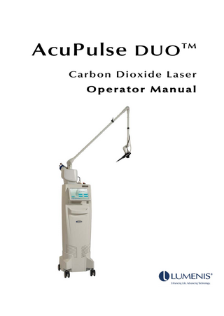 AcuPulse DUO  TM  Table of Contents  Table of Contents CHAPTER 1  1.1. 1.2. 1.3. 1.4. 1.5. 1.6. 1.7. 1.8. 1.9. 1.10.  Overview  Page  Introduction ... 1-1 Characteristics of the CO2 Laser Beam... 1-2 Laser Preparation ... 1-2 Scope of This Manual ... 1-2 Manual Conventions ... 1-4 Physician Responsibility ... 1-4 Maintenance ... 1-4 Modification of the Device ... 1-5 Resale Inspection ... 1-5 Abbreviations and Acronyms ... 1-5  CHAPTER 2  Laser Safety  Page  2.1. 2.2.  Introduction ... 2-1 Training and Institutional Requirements... 2-1 2.2.1. Laser Safety Guidelines... 2-2 2.2.2. Laser Safety Officer ... 2-2 2.2.3. Laser Treatment/ Operating Area ... 2-3 2.3. Understanding and Controlling Laser Impact on Tissue ... 2-4 2.3.1. Laser Classes ... 2-5 2.3.2. Wavelength and Tissue Variability ... 2-5 2.3.3. Spot Size, Power and Exposure ... 2-6 2.4. Laser Safety Eyewear ... 2-6 2.4.1. Additional Ocular Protection... 2-9 2.5. Additional Safety Considerations ... 2-10 2.5.1. Skin Hazards ... 2-10 2.5.2. Smoke Evacuation – Laser Plume Pollution Hazards ... 2-11 2.5.3. Airway Precautions ... 2-12 2.5.4. Protecting Non-Target Tissues ... 2-12 2.6. Fire Hazards ... 2-14 2.7. Electrical Hazards ... 2-15 2.7.1. Grounding the System ... 2-15 2.8. Operating Safety Cautions & Warnings... 2-16 2.8.1. Cautions ... 2-16 2.8.2. Warnings ... 2-17  UM-1801110EN, Rev. A  TOC-1  