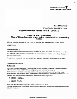 ABL8XX FLEX analyzers Urgent Medical Device Recall Update Biased Results July 2022