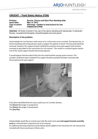 Encore - Chorus and Sara Plus Urgent Field Safety Notice May 2012