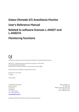 S5 Anesthesia Monitor Users Reference Manual 1st edition April 2009