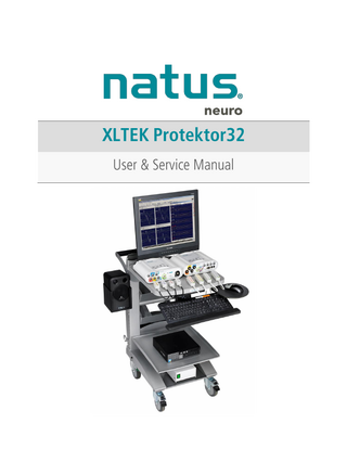 XLTEK Protektor32  User & Service Manual  Table of Contents INTRODUCTION... 8 USING THIS MANUAL ... 8 ABOUT THE PROTEKTOR32 ... 9 Protektor32 Features ... 9  PURPOSE OF THE PROTEKTOR32 ... 10 Indications for Use ... 10 Protocols ... 10  UPGRADE FROM 16 CHANNEL TO 32 ACTIVE AMPLIFIER CHANNELS ... 11 PROTEKTOR32 SAFETY AND STANDARDS CONFORMITY... 12 Essential Performance ... 12 Standards Compliance and Normative References Information ... 12 Declaration of Compliance for IEC 60601-1-2 ... 14 Table 3 - Electromagnetic Emissions ...14 Table 4 - Immunity Test Levels - Enclosure Port ...14 Table 5 – Immunity Test Levels – Input A.C. Power Port ...15 Table 7 – Patient Coupling Port ...16 Table 8 – Immunity Test Levels - Signal Input / Output Parts Port ...16 Table 9 - Test specifications for ENCLOSURE PORT IMMUNITY to RF wireless communications equipment ...17 Declaration of Compliance for FCC ... 17  WARNINGS AND CAUTIONS... 18 Critical Warnings and Cautions ... 18 General Warnings ... 18 General Cautions ... 22 Audio/Visual Stimulation Warnings ... 22 Electrostatic Discharge (ESD) handling procedures and warnings ... 23  DESCRIPTION OF SYMBOLS ... 24  
