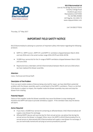 NIPPY Series Important Field Safety Notice May 2017