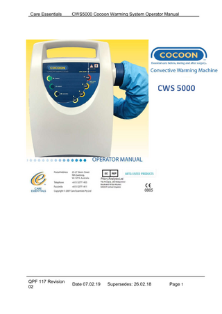Care Essentials  CWS5000 Cocoon Warming System Operator Manual  QPF 117 Revision 02  Date 07.02.19  Supersedes: 26.02.18  Page 1  