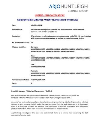 Minstrel Urgent Field Safety Notice July 2014
