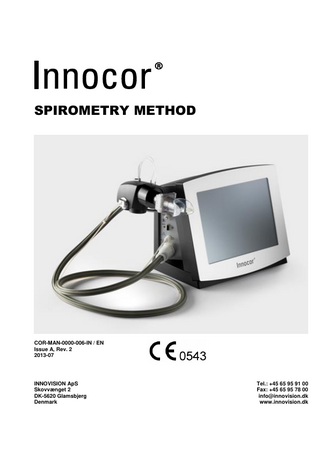 Innovision  Innocor® Spirometry Method  TABLE OF CONTENTS 1 1.1 1.2 1.3 1.3.1 1.3.2 1.3.3 1.3.4 1.3.5 1.3.6 1.3.7 1.4 1.4.1 1.4.2 1.4.3 1.4.4  July 2013  SPIROMETRY METHOD ... 1 SCOPE ... 1 INTRODUCTION ... 1 SPIROMETRY PARAMETERS ... 3 Forced Vital capacity (FVC) ... 4 Forced expiratory volume in one second (FEV 1) ... 4 FEV1%... 4 Peak expiratory flow (PEF) ... 4 Maximal instantaneous forced expiratory flow (MEF) ... 4 Force expiratory time (FET) ... 4 Maximum voluntary ventilation (MVV) ... 5 SPIROMETRY EVALUATION ... 5 Start of manoeuvre criteria ... 5 End of manoeuvre criteria ... 6 Spirometry test acceptance ... 6 Selecting best performed manoeuvre ... 6  COR-MAN-0000-006-IN /EN, A/2  i  