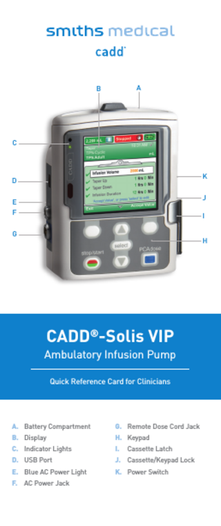 A  B  C  K  D  J  E F  I  G  H  CADD®-Solis VIP Ambulatory Infusion Pump Quick Reference Card for Clinicians  A. Battery Compartment  G. Remote Dose Cord Jack  B. Display  H. Keypad  C. Indicator Lights  I.  D. USB Port  J. Cassette/Keypad Lock  E. Blue AC Power Light  K. Power Switch  F. AC Power Jack  Cassette Latch  