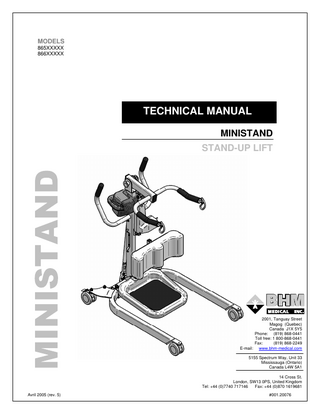 TABLE OF CONTENTS SYMBOLS ...4 TECHNICAL DATA ...5 SAFETY INSTRUCTIONS & WARNINGS ...6 GENERAL...6 SHOCK PREVENTION ...8 FIRE AND EXPLOSION ...8 EQUIPMENT WARNING LABELS ...8 ASSEMBLY INSTRUCTIONS ...9 Assembly Instructions for Ministand Lift ...9 ADJUSTING THE WIDTH OF THE LEGS ...13 LIFT ASSEMBLY EXPLODED VIEW ...14 With shifter base ...14 With pedal base ...15 With power base ...16 LIFT PARTS LIST...17 SHIFTER BASE EXPLODED VIEW...18 #700.20061.09 (SHIFTER BASE KIT ASSEMBLY) ...18 PEDAL BASE EXPLODED VIEW...19 #700.20060.09 (PEDAL BASE KIT ASSEMBLY)...19 POWER BASE EXPLODED VIEW ...20 #700.20062.09 (POWER BASE KIT ASSEMBLY)...20 CONTROL BOX DETAILS (with integrated charger)...21 BATTERY PACK DETAILS ...22 CHARGER WIRING DETAILS ...23 BATTERY & CONTROL BOX WIRING DETAILS (with integrated charger) ...24 BATTERY MAINTENANCE & SERVICE ...25 MAINTENANCE AND REPLACEMENT OF BATTERIES...25 MAINTENANCE & SERVICE ...26 MAINTENANCE AND REPLACEMENT OF BATTERIES...26 MONTHLY INSPECTION DETAILS...28 DIAGRAM ...29 LOGBOOK...30 WARRANTY ...33  COPYRIGHT 2003 WARNING! All rights reserved. CONFIDENTIAL. The reproduction of this document or the transmittal in any form of any information, contained herein, without the authority in writing of an officer of the manufacturer is prohibited. TECHNICAL SPECIFICATIONS AND DESIGN SUBJECT TO CHANGE WITHOUT NOTICE.  3  