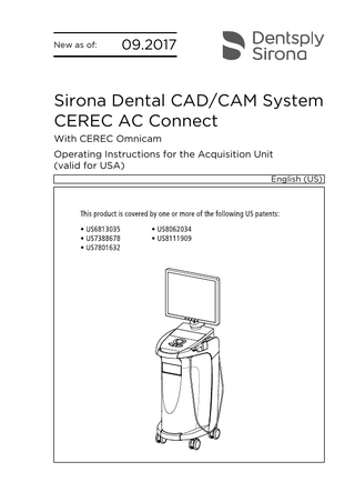 Table of contents  Dentsply Sirona Operating Instructions for the Acquisition Unit  Table of contents 1 2  3  4  5  2  Dear Customer, ...  5  1.1  Contact information ...  5  General data...  6  2.1  Structure of the document ... 2.1.1 Identification of the danger levels... 2.1.2 Formats and symbols used ...  6 6 7  2.2  Battery warranty ...  7  2.3  Legend ...  8  General description ...  10  3.1  Certification ...  10  3.2  Intended use...  10  3.3  Further use of Sirona Dental CAD/CAM System...  11  Safety ...  12  4.1  Basic safety information ... 4.1.1 Prerequisites ... 4.1.2 Connecting the unit ... 4.1.3 General safety information ... 4.1.4 Movement and stability of the unit... 4.1.5 Maintenance and repair... 4.1.6 Modifications to the product ... 4.1.7 Accessories ... 4.1.7.1 Included accessories ...  12 12 12 13 13 14 14 14 14  4.2  Safety labels...  15  4.3  Electrostatic charge... 4.3.1 ESD warning labels ... 4.3.2 ESD protective measures... 4.3.3 About the physics of electrostatic charges ...  17 17 17 18  4.4  Wireless phone interference with equipment ...  19  4.5  Integration in a network or connection to a modem ...  19  Technical information ...  20  5.1  Technical description...  20  5.2  Technical data ...  22  5.3  Electromagnetic compatibility... 5.3.1 Electromagnetic emission ... 5.3.2 Interference immunity... 5.3.3 Working clearances...  23 23 24 26  65 88 250 D3492 D3492.201.07.20.23 09.2017  