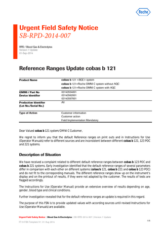 cobas b 121 Urgent Field Safety Notice Sept 2014